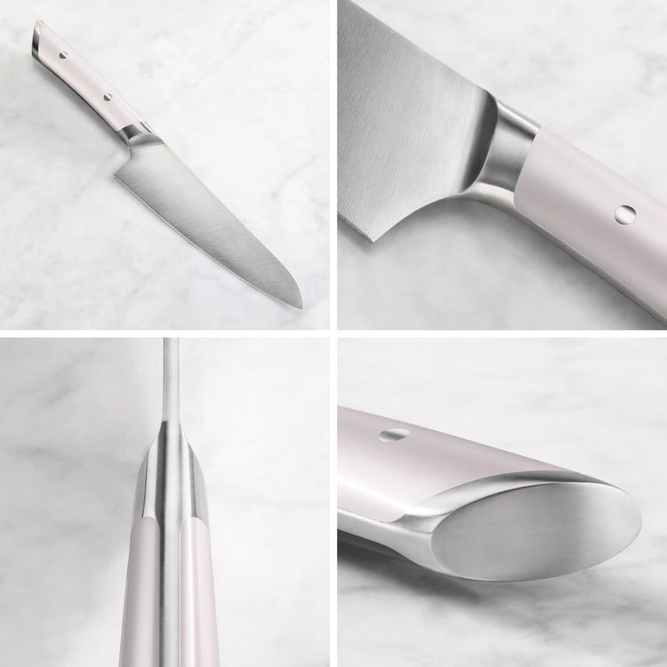 Four close-up views of a utility knife showing the blade, handle, spine, and butt end with a light pink handle.