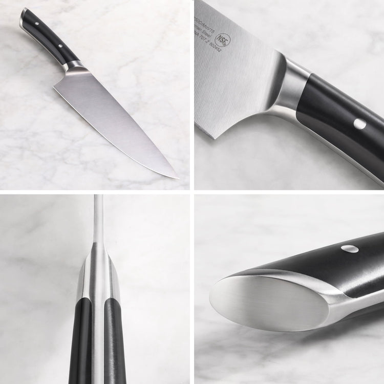 Chef's knife with black handle and stainless steel blade shown from multiple close-up angles on a marble surface.