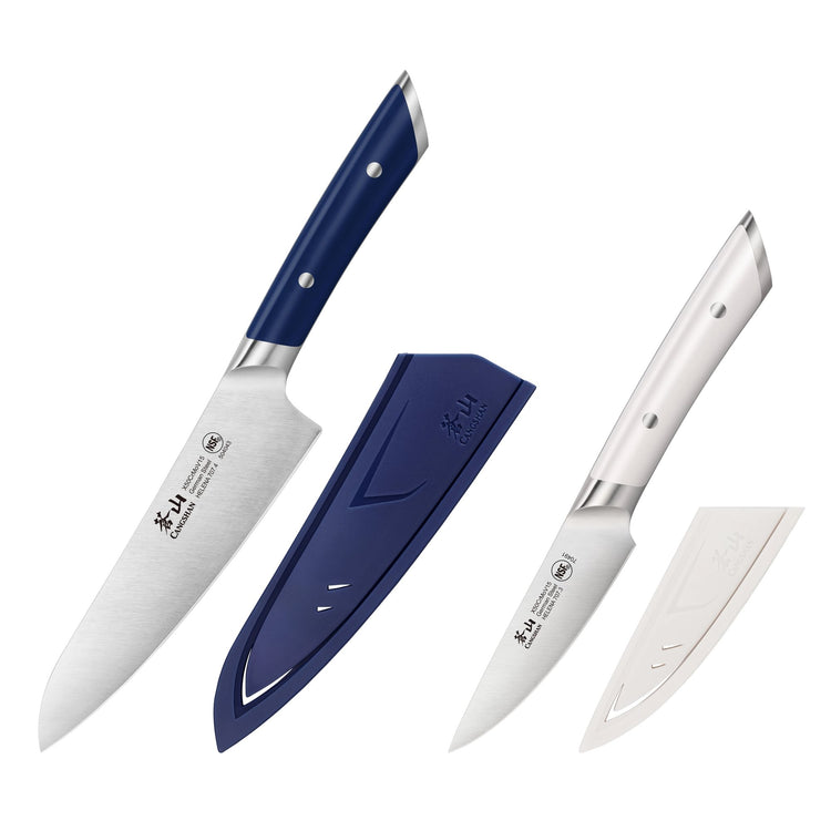Two knives with navy and white handles, each with a matching protective sheath, displayed on a white background.