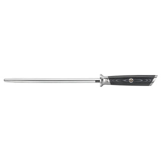
                    
                      9-inch metal honing steel with a black ergonomic handle featuring a circular emblem.
                    
                  
