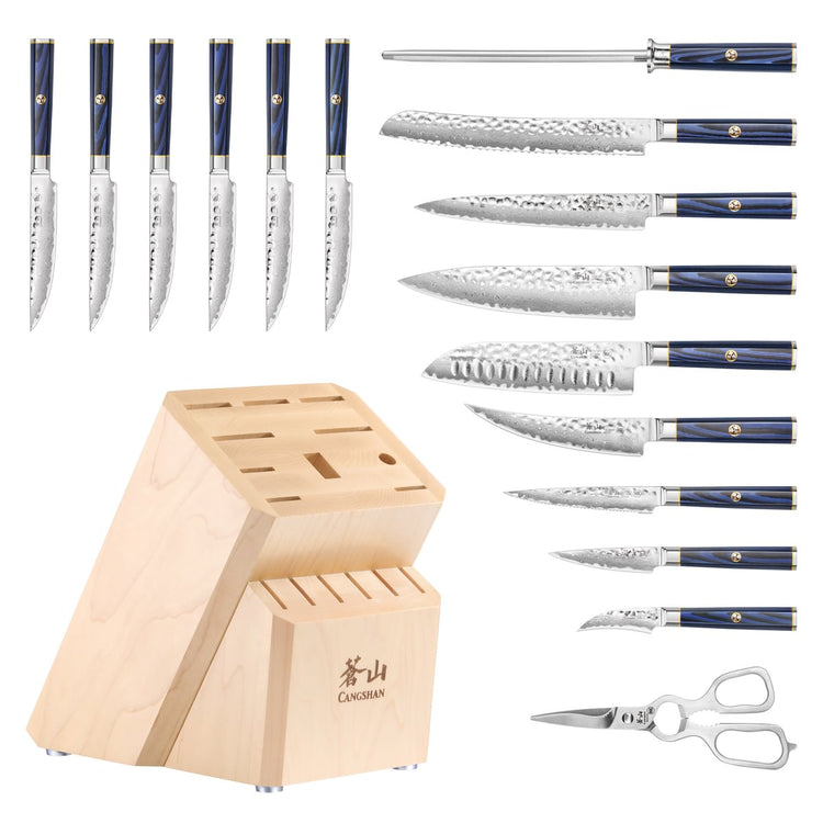 Set of 17 knives with patterned blades, blue handles, sharpening rod, scissors, and a wooden knife block with empty slots.
