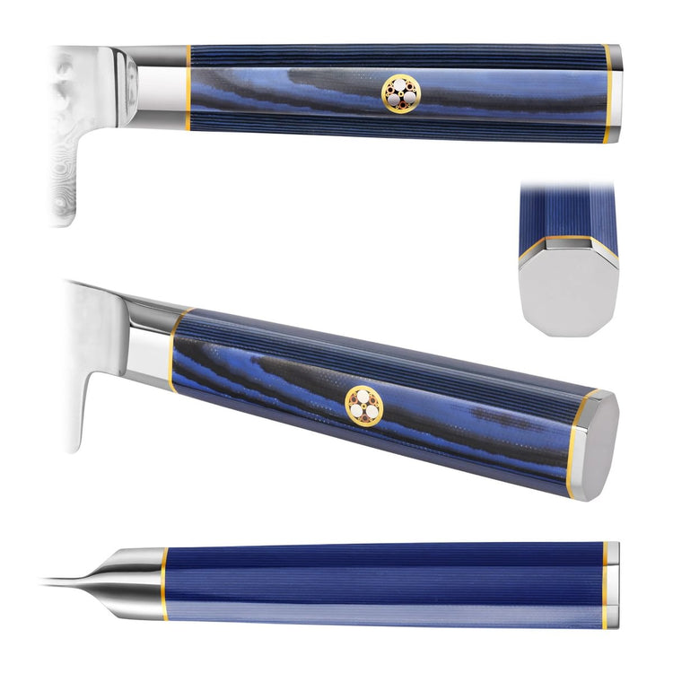 Blue and silver dental or surgical instrument with a textured handle and a small circular emblem, shown from multiple angles.