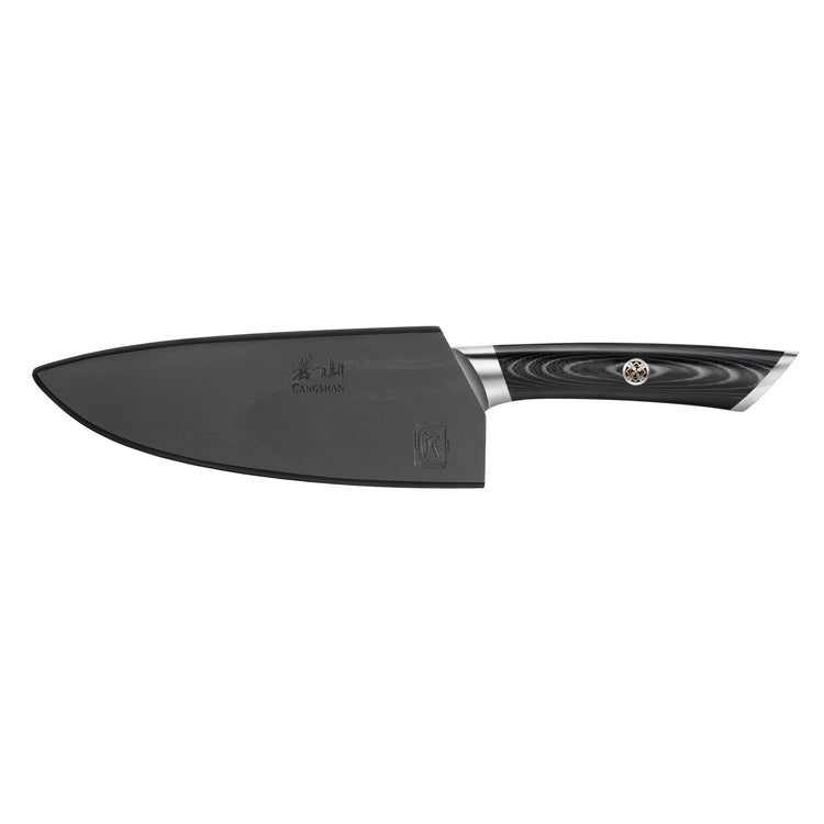 6-inch chef's knife with a black blade cover and a black handle featuring a circular decorative emblem.