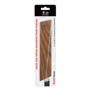 
                    
                      Solid ash wood magnetic knife sheath in packaging, designed for 8" bread and 9" carving knives.
                    
                  