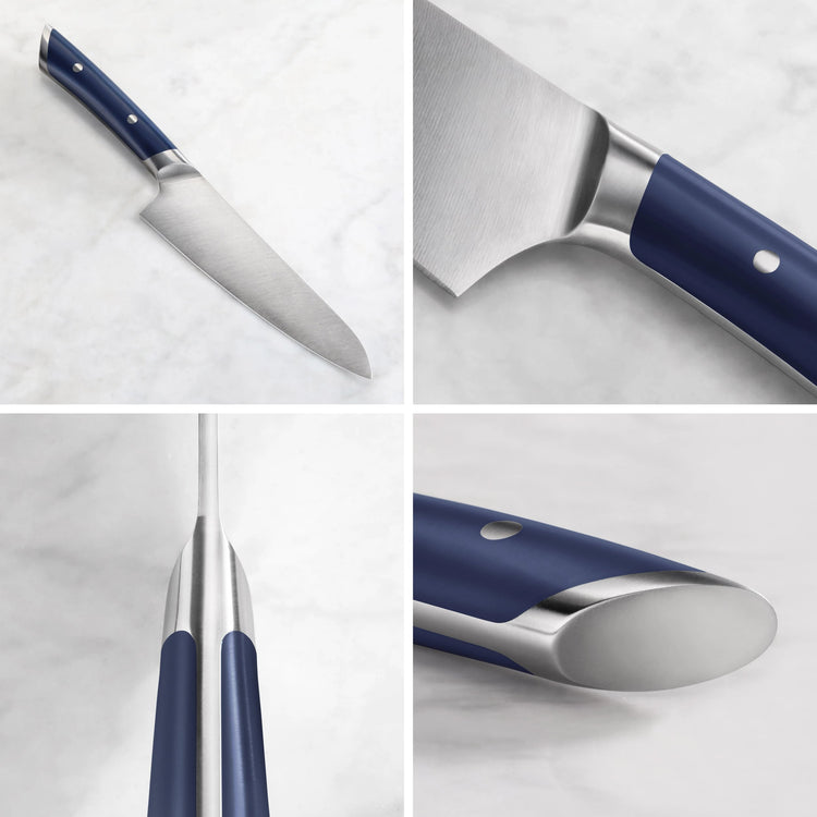Utility knife with blue handle and stainless steel blade shown from multiple close-up angles on a white surface.