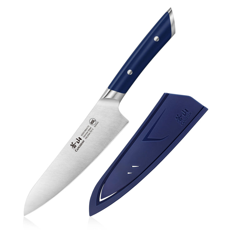5.5-inch utility knife with blue handle and matching protective sheath, forged German steel blade.