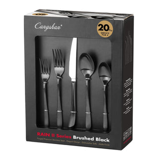 
                    
                      Cangshan RAIN II Series 20-piece brushed black forged stainless steel flatware set in packaging box.
                    
                  