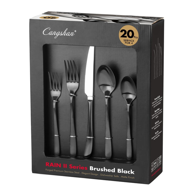 Cangshan RAIN II Series 20-piece brushed black forged stainless steel flatware set in packaging box.