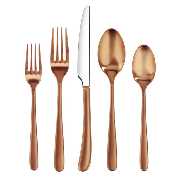 RAIN II Series copper forged flatware set featuring two forks, a knife with a silver blade, and two spoons.