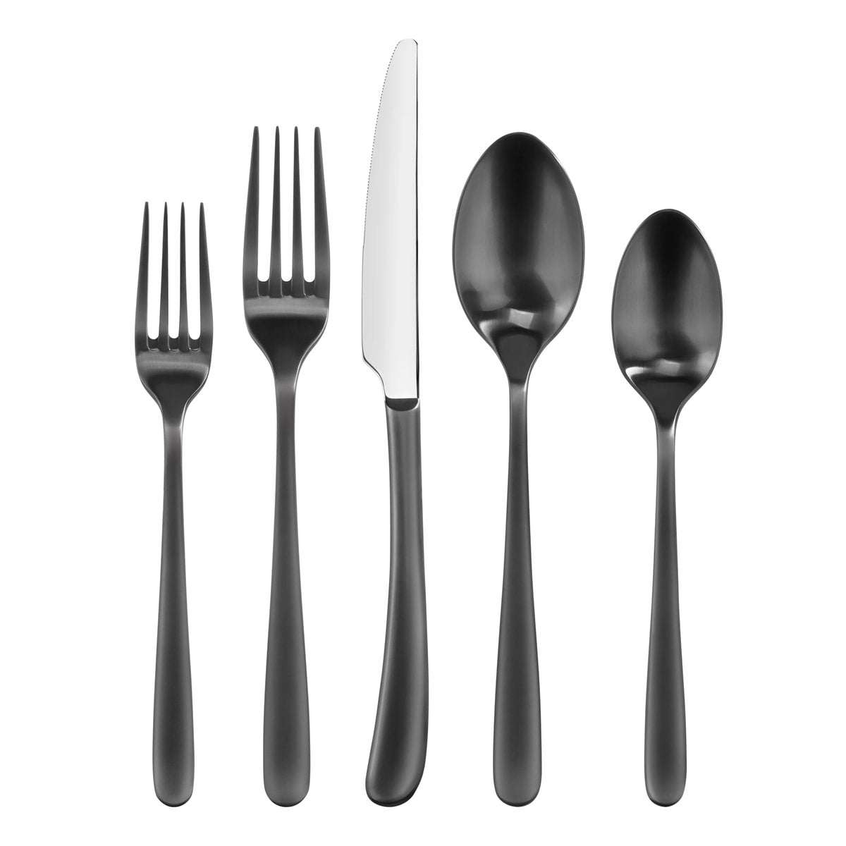 Set of five black brushed metal flatware pieces: salad fork, dinner fork, knife, tablespoon, and teaspoon.