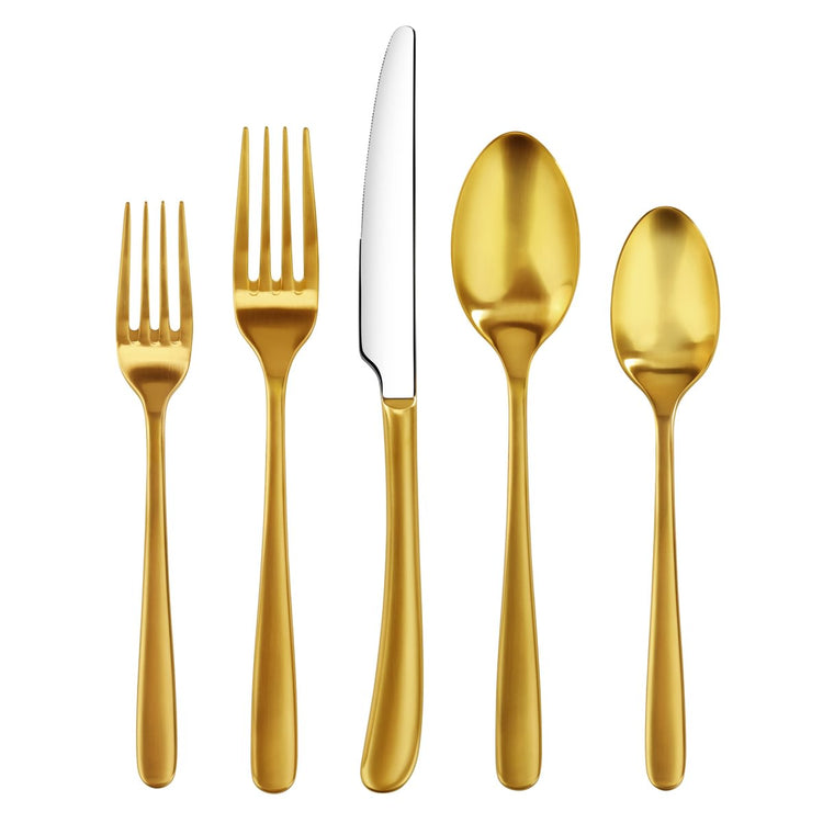 RAIN II Series 5-piece gold forged flatware set including two forks, a knife with silver blade, and two spoons.