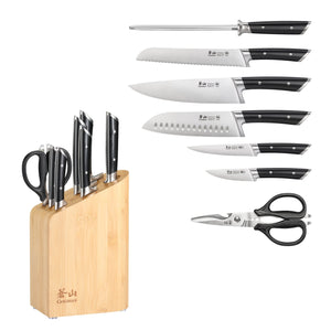 
                  
                    Load image into Gallery viewer, RAINIER Series 8-Piece Knife Block Set, German Steel, Bamboo Block, Black, 504081
                  
                