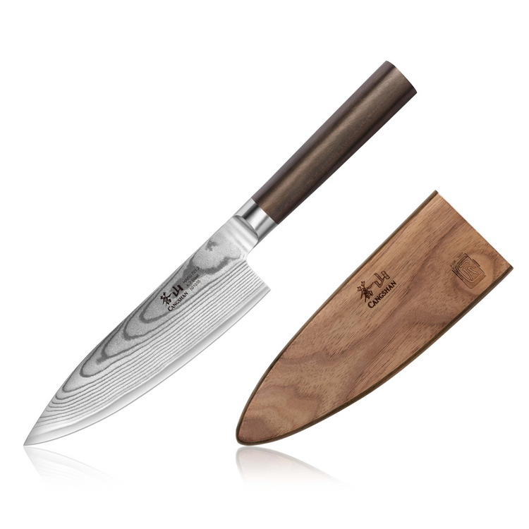 6-inch chef's knife with patterned Damascus steel blade and dark wooden handle, alongside a wooden sheath.