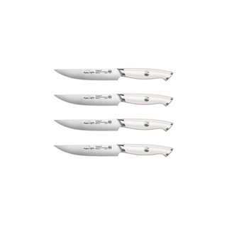 
                    
                      Four steak knives with white handles and stainless steel blades, each engraved with a signature and logo.
                    
                  