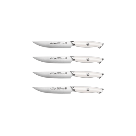 Four steak knives with white handles and stainless steel blades, each engraved with a signature and logo.