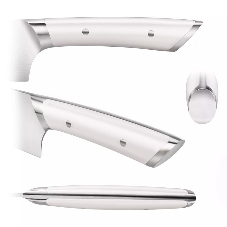 Close-up views of a white-handled kitchen knife with stainless steel bolsters and rivets from multiple angles.