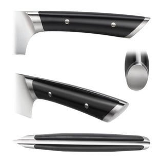 
                    
                      Black ergonomic handle of a carving fork with metal rivets and stainless steel accents shown from multiple angles.
                    
                  