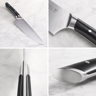 
                    
                      Chef's knife with black handle and stainless steel blade shown from multiple close-up angles on a light surface.
                    
                  