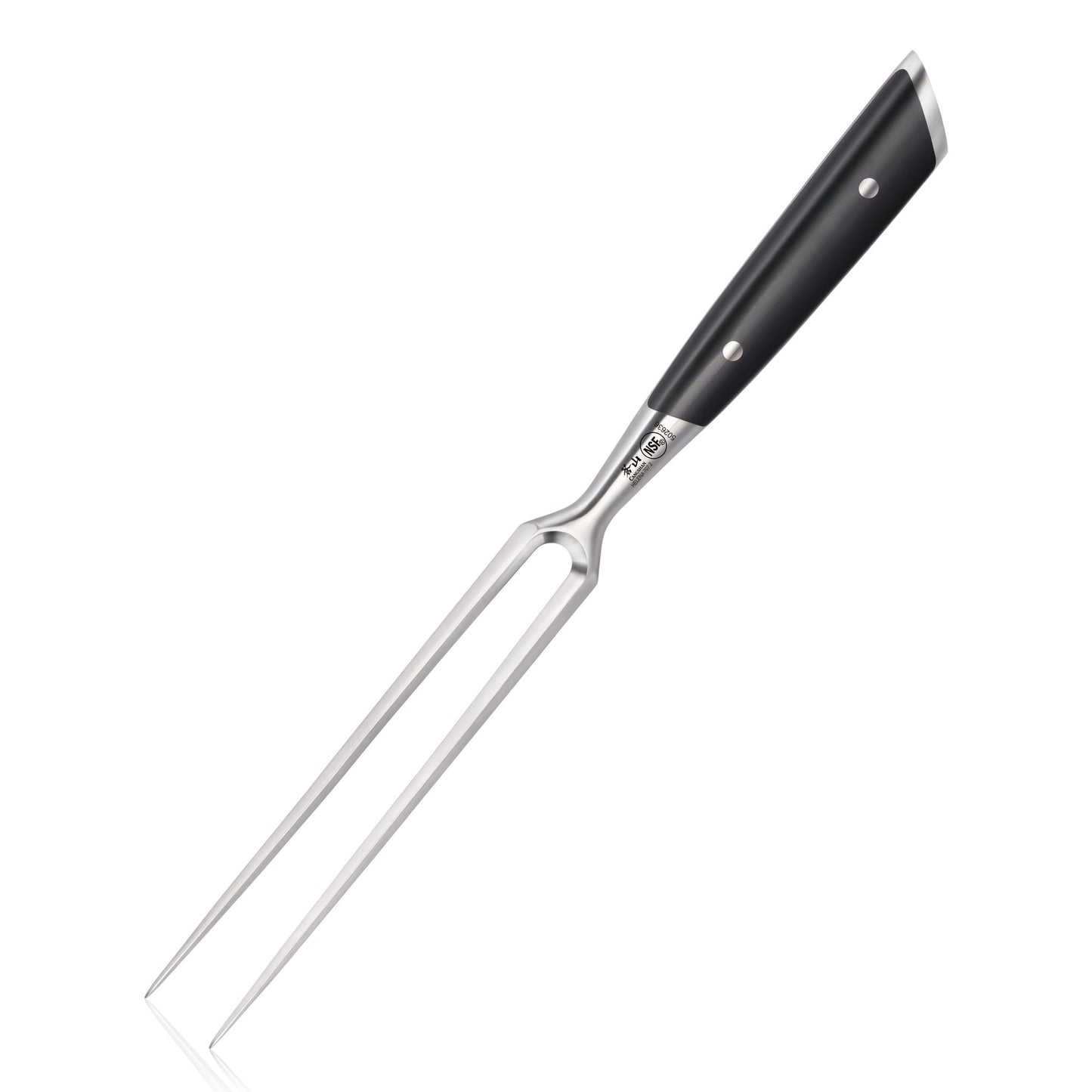 6-inch carving fork with two long metal prongs and a black ergonomic handle with rivets.