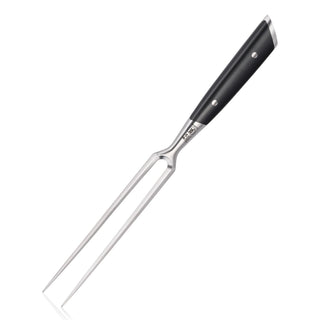 
                    
                      6-inch carving fork with two long metal prongs and a black ergonomic handle with rivets.
                    
                  