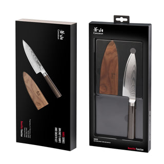 
                    
                      6-inch chef's knife with patterned blade and wooden handle, accompanied by a wooden sheath in black packaging.
                    
                  