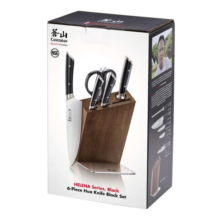 6-piece knife set with black handles in a wooden block, including a chef's knife, paring knife, and kitchen scissors.