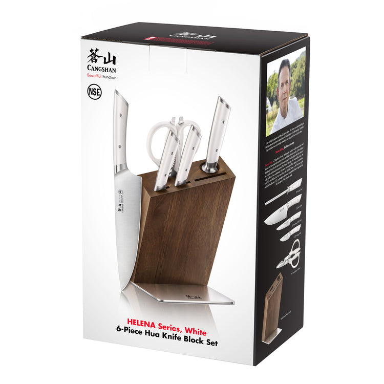Six-piece knife set with white handles in a wooden block, including a chef's knife, paring knife, and kitchen scissors.