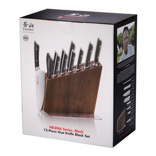 
                    
                      12-piece knife set with black handles in a wooden block, including a large cleaver and various knives.
                    
                  