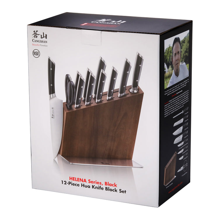 12-piece knife set with black handles in a wooden block, including a large cleaver and various knives.