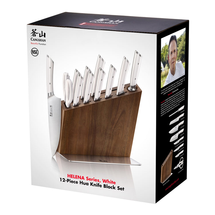 12-piece knife set with white handles in a wooden block, including various knives and kitchen scissors.