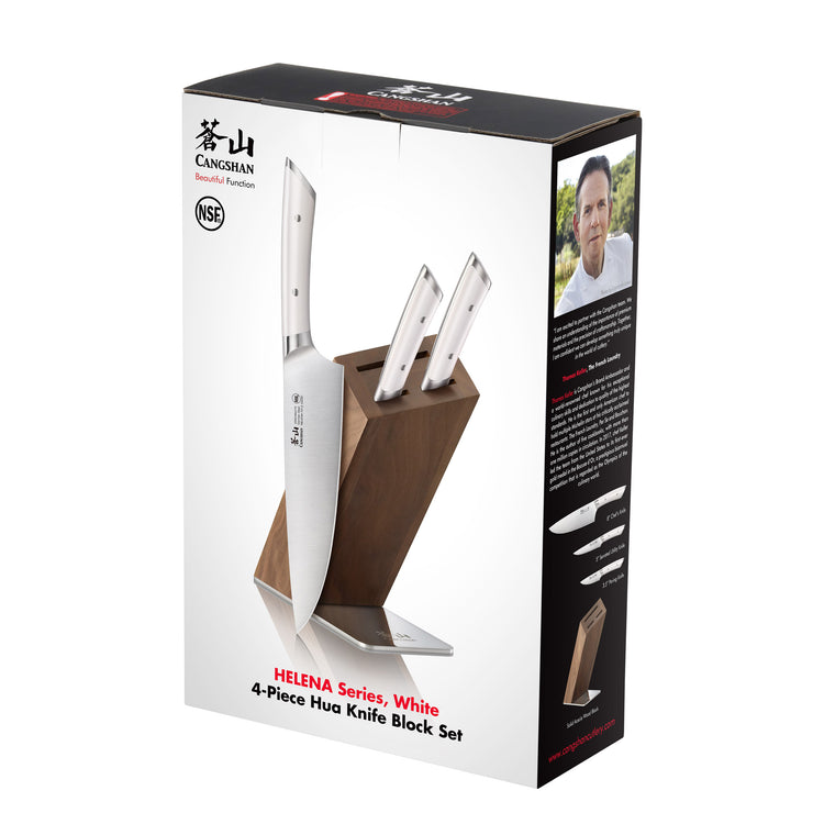 Four-piece knife set with white handles in an angled wooden block, shown on product packaging.
