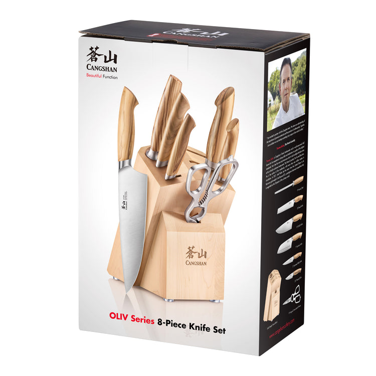 OLIV Series 8-piece knife block set with wooden handles, including chef's knife, paring knife, and kitchen shears in a maple
