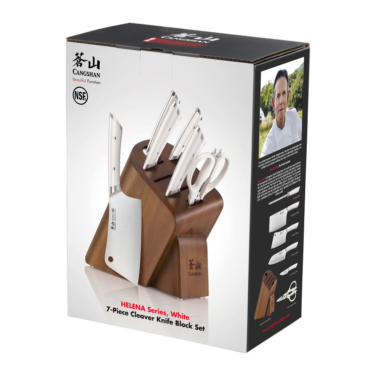 7-piece cleaver knife set with white handles in a brown acacia wood block, including scissors and a cleaver.