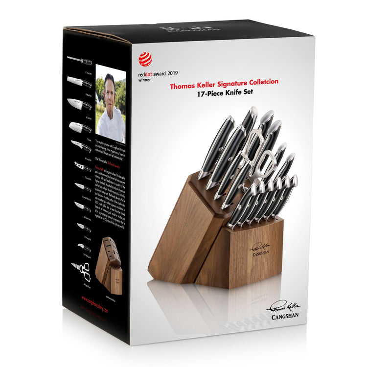 17-piece knife set with wooden block, featuring various knives with stainless steel handles.