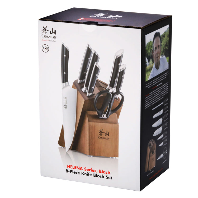 Knife block set with six knives, kitchen scissors, and a wooden acacia block on product packaging.