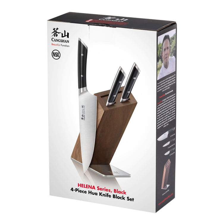 Four-piece knife set with black handles in a slanted wooden block, shown on product packaging.
