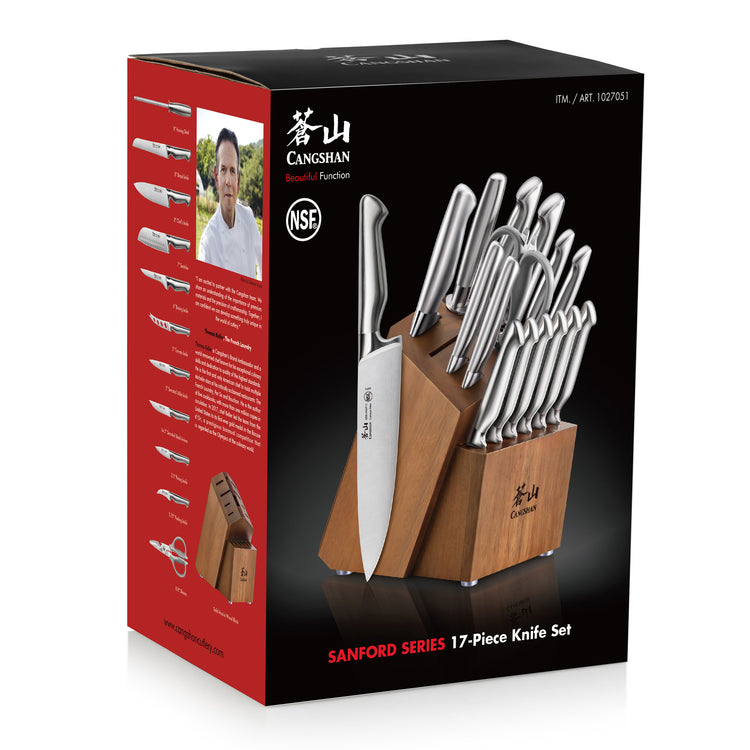 17-piece knife set with stainless steel blades in a wooden block, shown on product packaging.