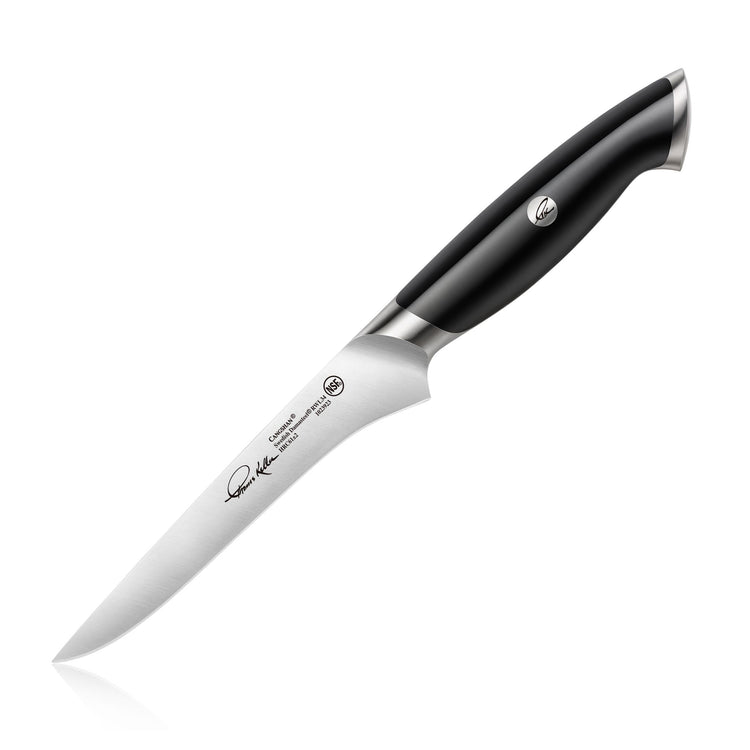 6-inch boning knife with curved stainless steel blade and black ergonomic handle with metal accents.