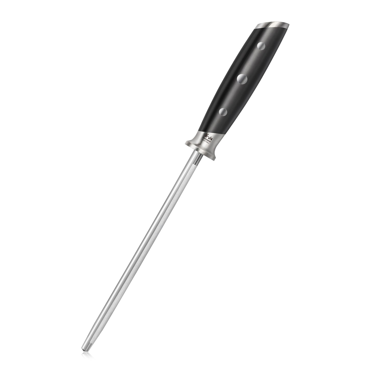 Black-handled 8-inch honing steel with a metal rod and riveted grip handle for knife sharpening.