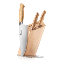 Four-piece knife block set with three knives in a light wood block and one large chef's knife resting against it.