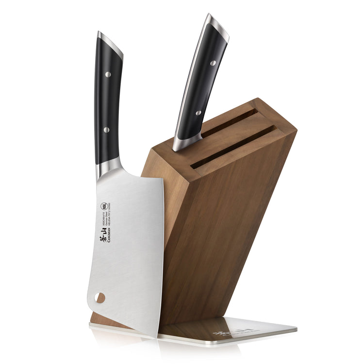 Wooden knife block with two cleaver knives featuring black handles and stainless steel blades.