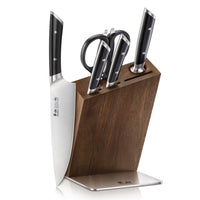 Six-piece knife set with black handles in a wooden block, including chef's knife, paring knife, utility knife, and kitchen sc