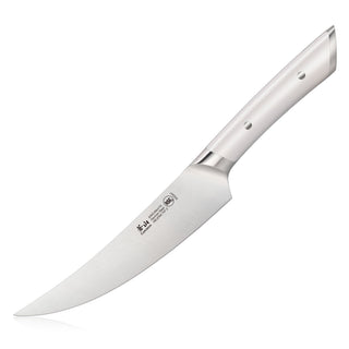 
                    
                      6-inch boning knife with curved stainless steel blade and white handle with two rivets.
                    
                  