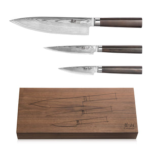 
                  
                    Load image into Gallery viewer, HAKU Series 3-Piece Starter Set with Walnut Box, Forged X-7 Damascus Steel, 501172
                  
                