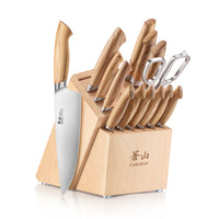 15-piece knife block set with wooden handles, including chef's knife, paring knives, and kitchen shears in a wooden block.
