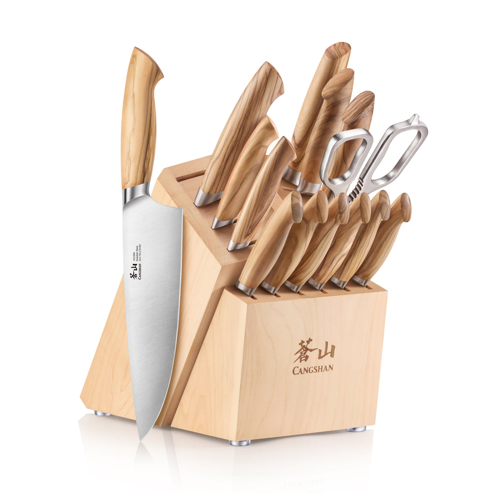 
                  
                    Load image into Gallery viewer, OLIV Series 15-Piece Knife Block Set, Maple, Forged Swedish 14C28N Steel, 501691
                  
                