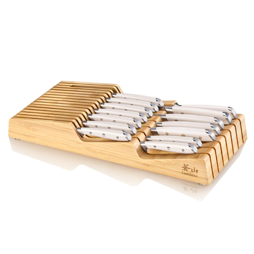 Cangshan Alps Series 15-Piece In-Drawer Knife Set with Bamboo Tray, Forged German Steel | White