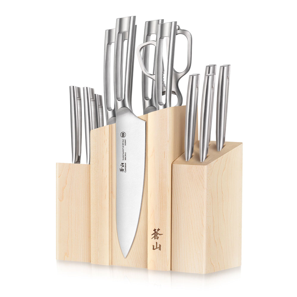 
                  
                    Load image into Gallery viewer, Cangshan TN1 Series 1021967 Swedish 14C28N Steel Forged 14-Piece DENALI Magnetic Knife Block Set, Maple
                  
                