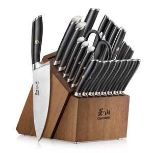 Black and Gold Knife Set with Sharpener- 14 PC Gold Knife Set with Block  and Sharpener Includes Full Tang Black and Gold Knives & Self Sharpening