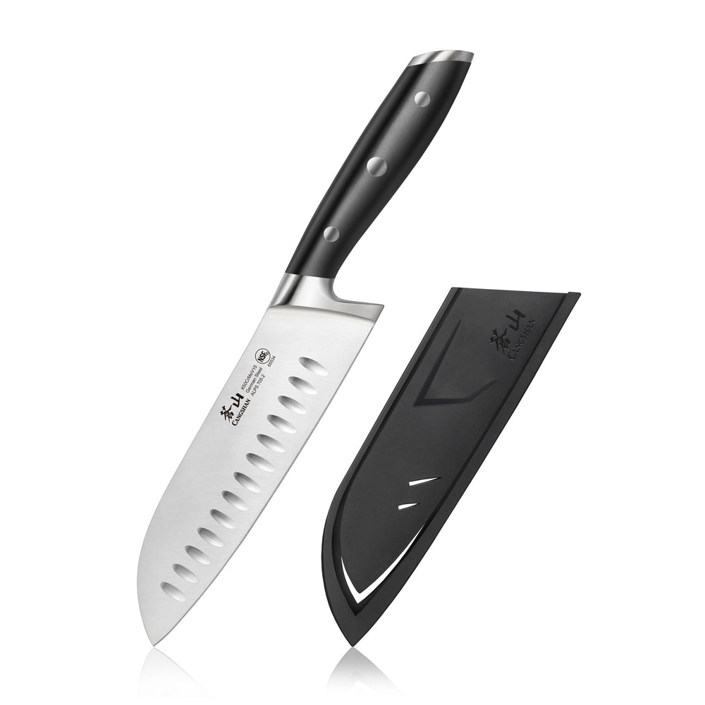 
                  
                    Load image into Gallery viewer, ALPS Series 7-Inch Santoku Knife with Sheath, Forged German Steel, Black, 502742
                  
                